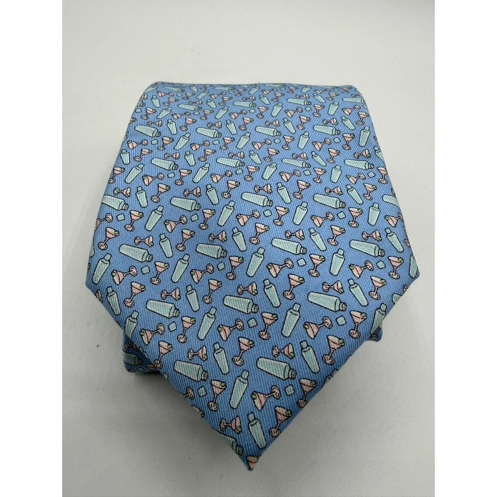 Vineyard Vines Mens Silk Tie Blue Martini Cocktail Shaker Barware Print 2003577